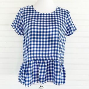 Hem & Thread Gingham Peplum Top S Blue White Open Tie Back Short Sleeve Blouse